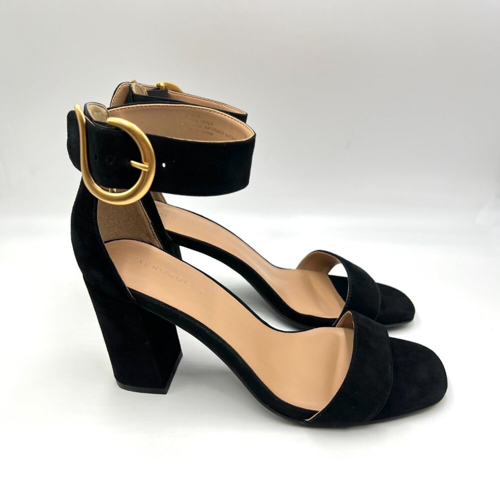 Aerosoles Womens Size 10 Landon‎ Black Suede Leather Block Heels Sandals Shoes